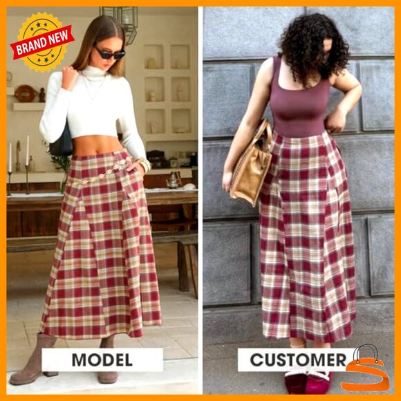 Flannel Plaid Maxi Skirt High Waist A-Line Pleated with Pockets Women's - Picture 2 of 7